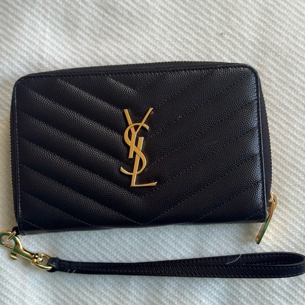 Saint Laurent Black Monogram Wristlet with Gold YSL Logo